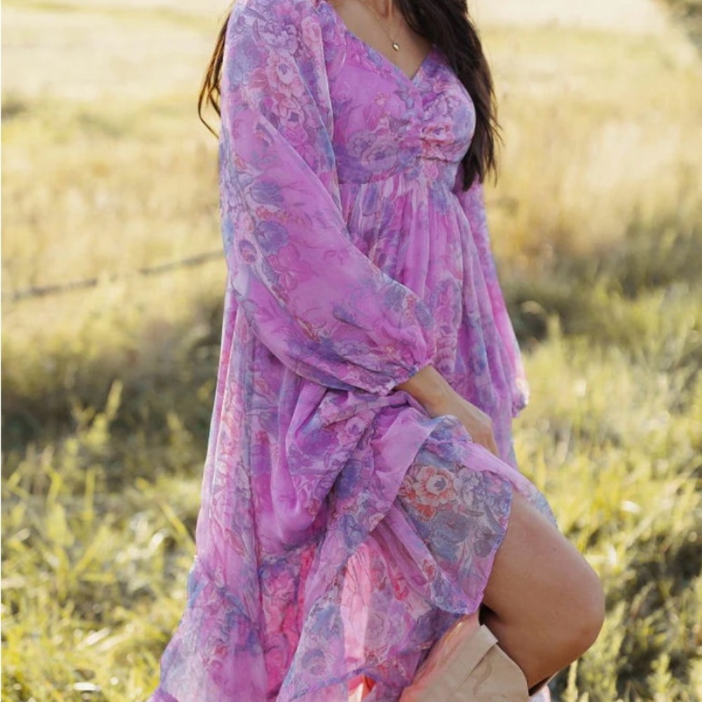 Elegant Floral Long Sleeve Dress in Pink and Purple